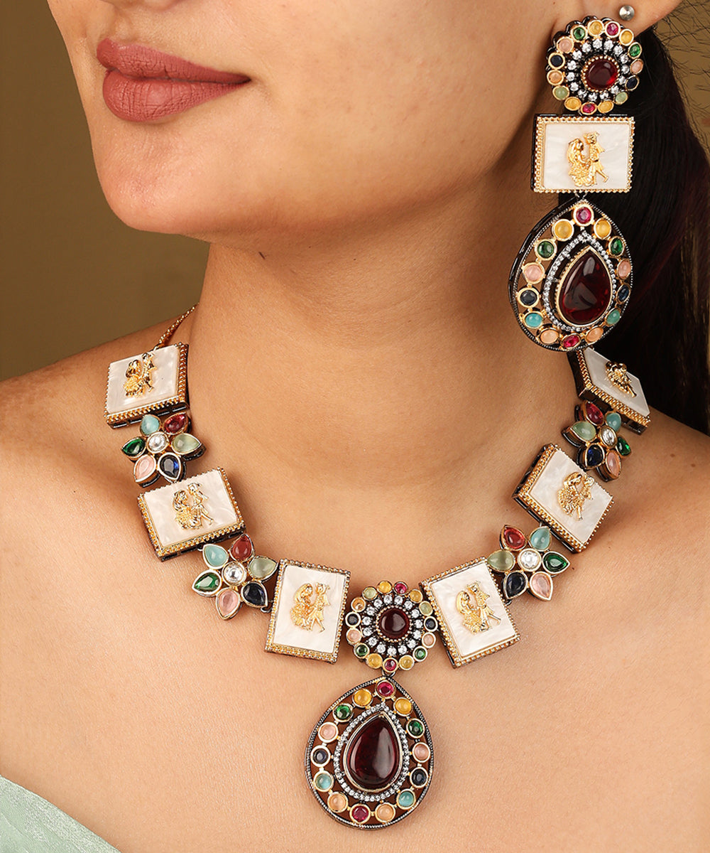 Multicolour Monalisa Stone Necklace Set with Jadau Work