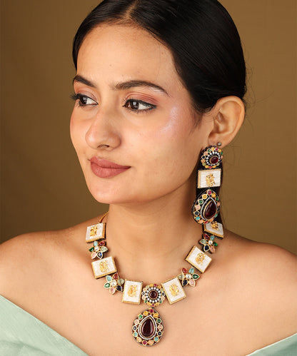 Multicolour Monalisa Stone Necklace Set with Jadau Work