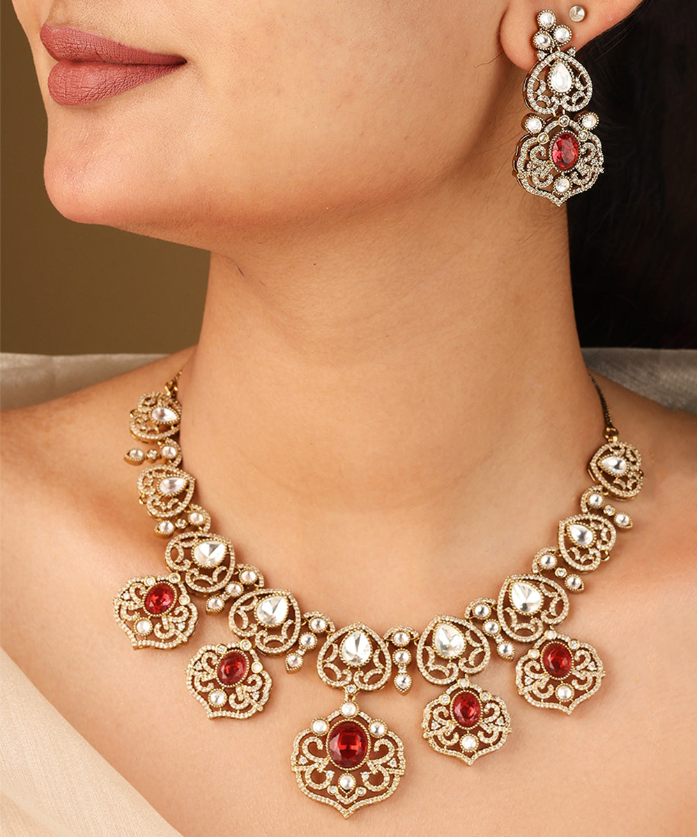 Statement Necklace Set with Red Stones and Kundan Stones