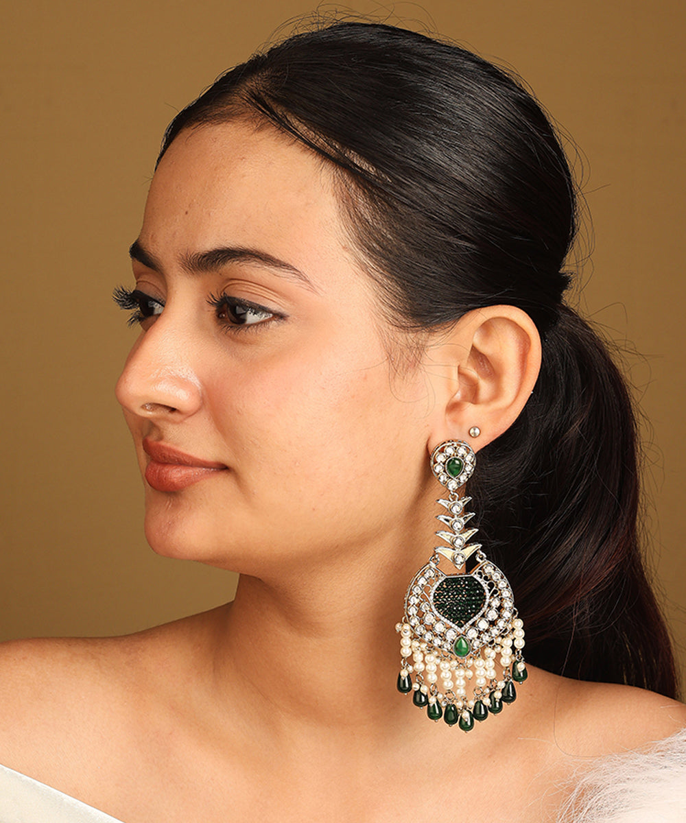 Statement Earrings with Green Accents and Pearl Danglers