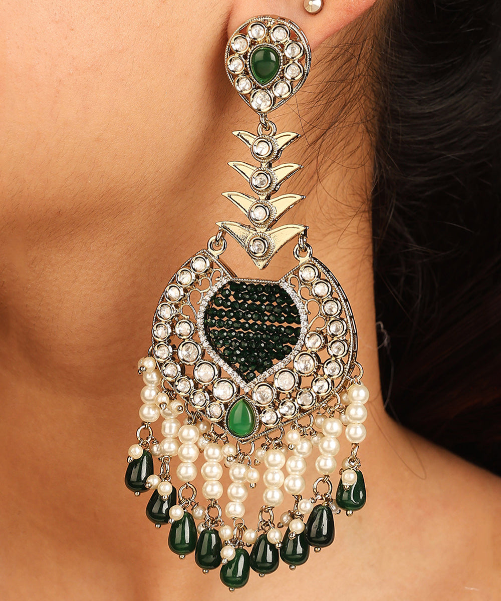 Statement Earrings with Green Accents and Pearl Danglers