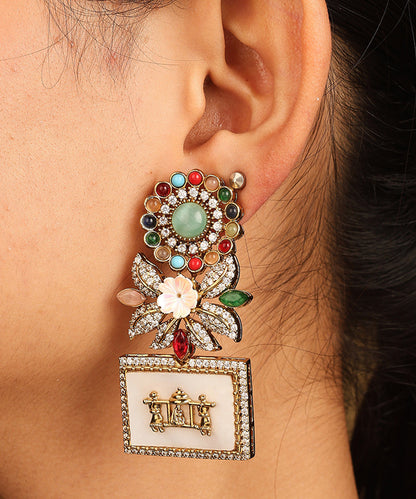 Rectangular Designer Earrings with White and Multicolour Stones