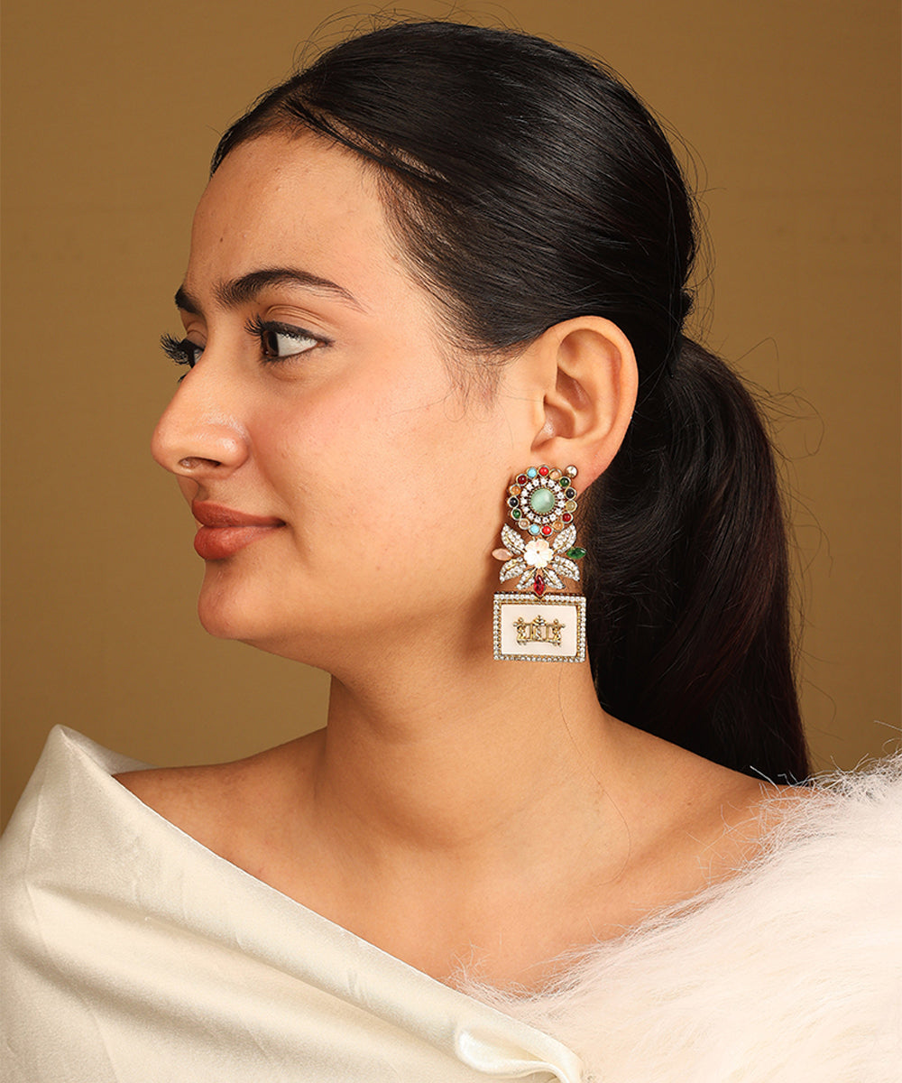 Rectangular Designer Earrings with White and Multicolour Stones