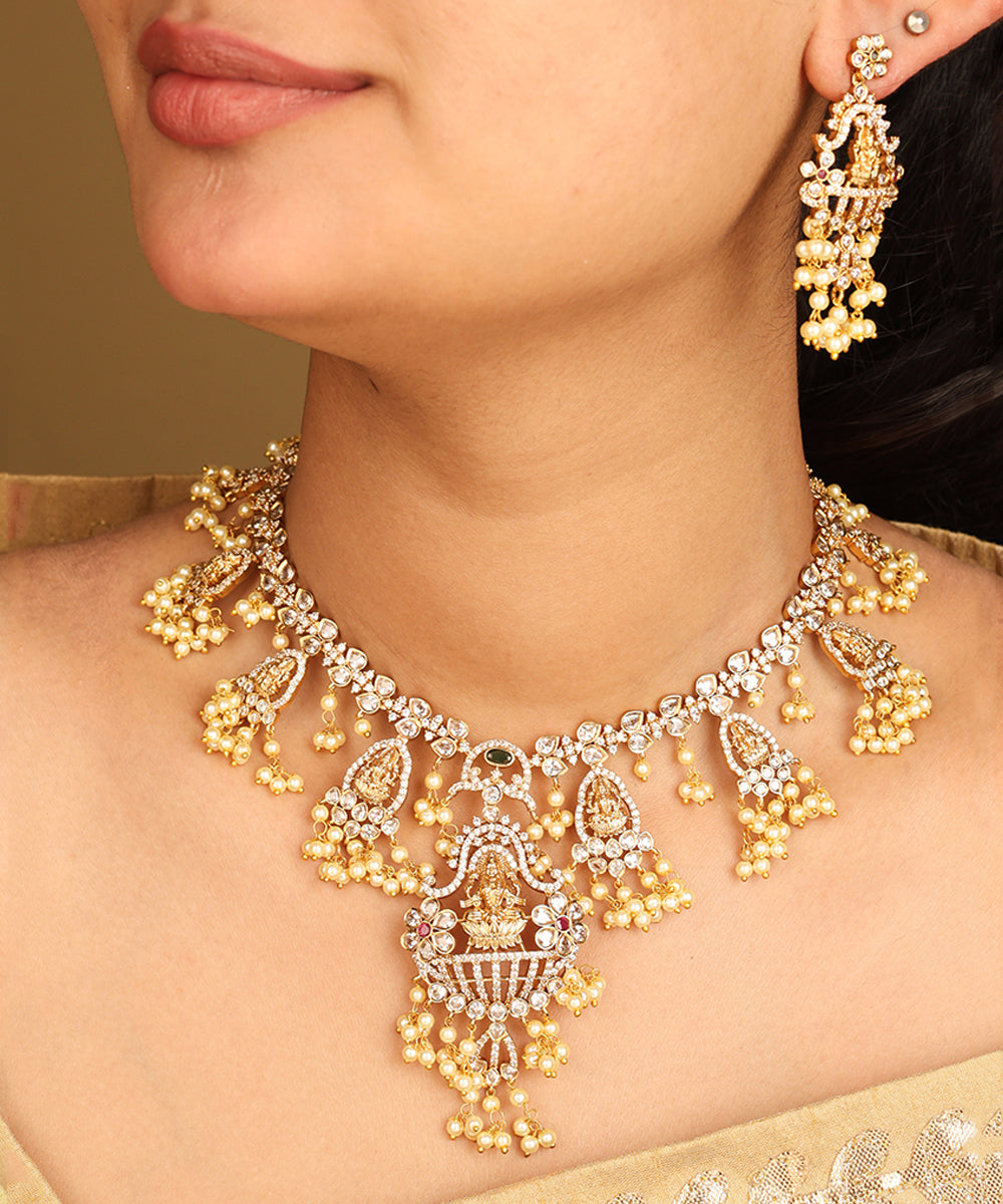 Matte Gold and Pearl Necklace with Goddess Pendant