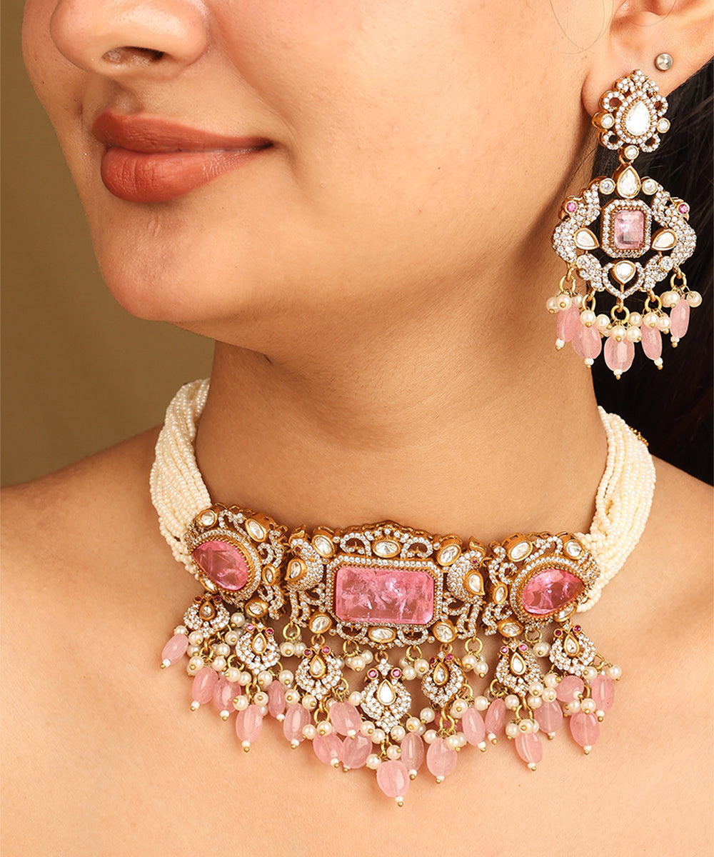 Pearl Choker Set with Pink Accents and Matching Earrings