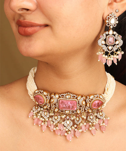Pearl Choker Set with Pink Accents and Matching Earrings