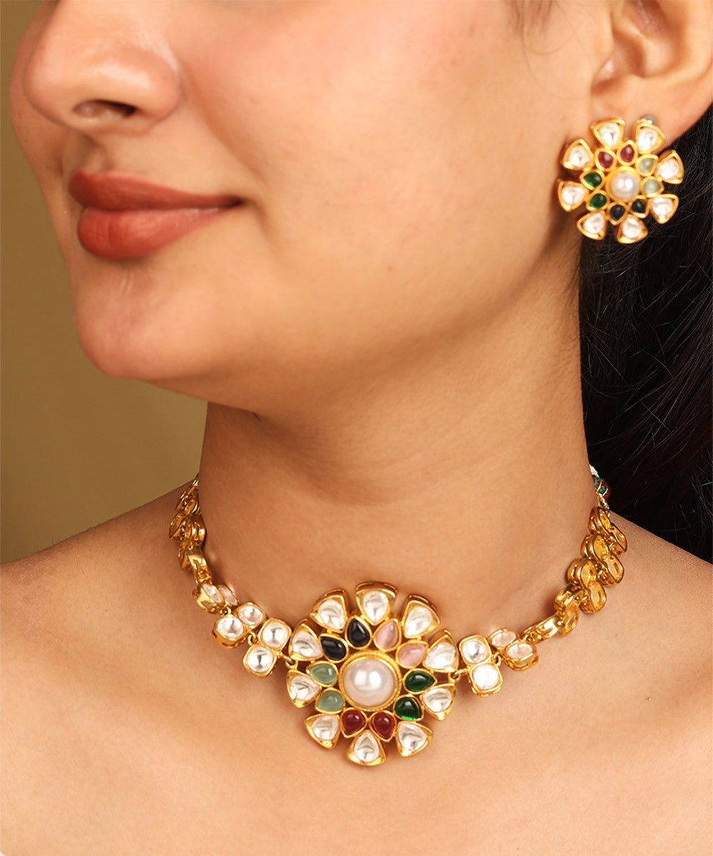 Kundan Choker Set with Multicolour Stones and Matching Earrings