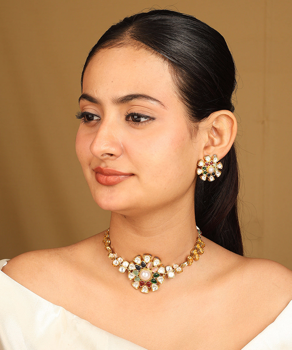 Kundan Choker Set with Multicolour Stones and Matching Earrings