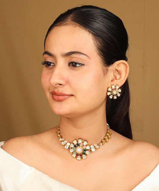 Kundan Choker Set with Multicolour Stones and Matching Earrings