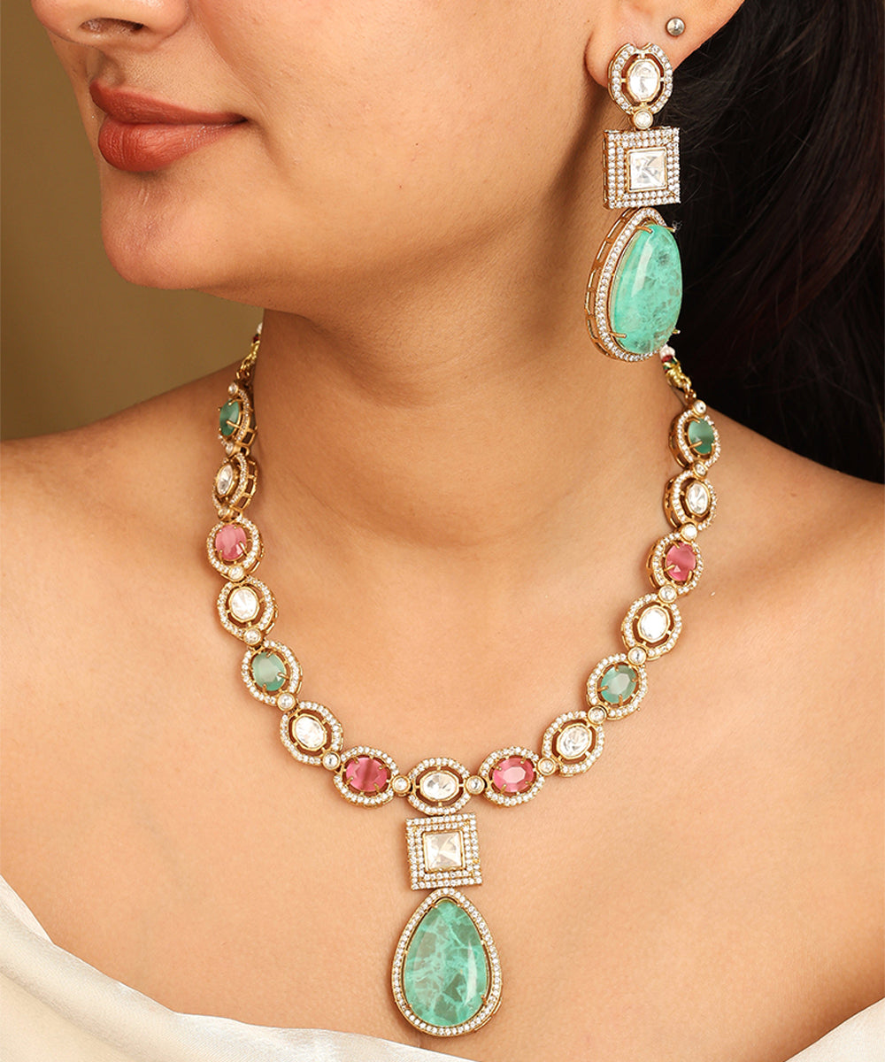 High Gold Necklace Set with Emerald Green and Ruby Stones