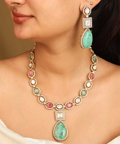 High Gold Necklace Set with Emerald Green and Ruby Stones