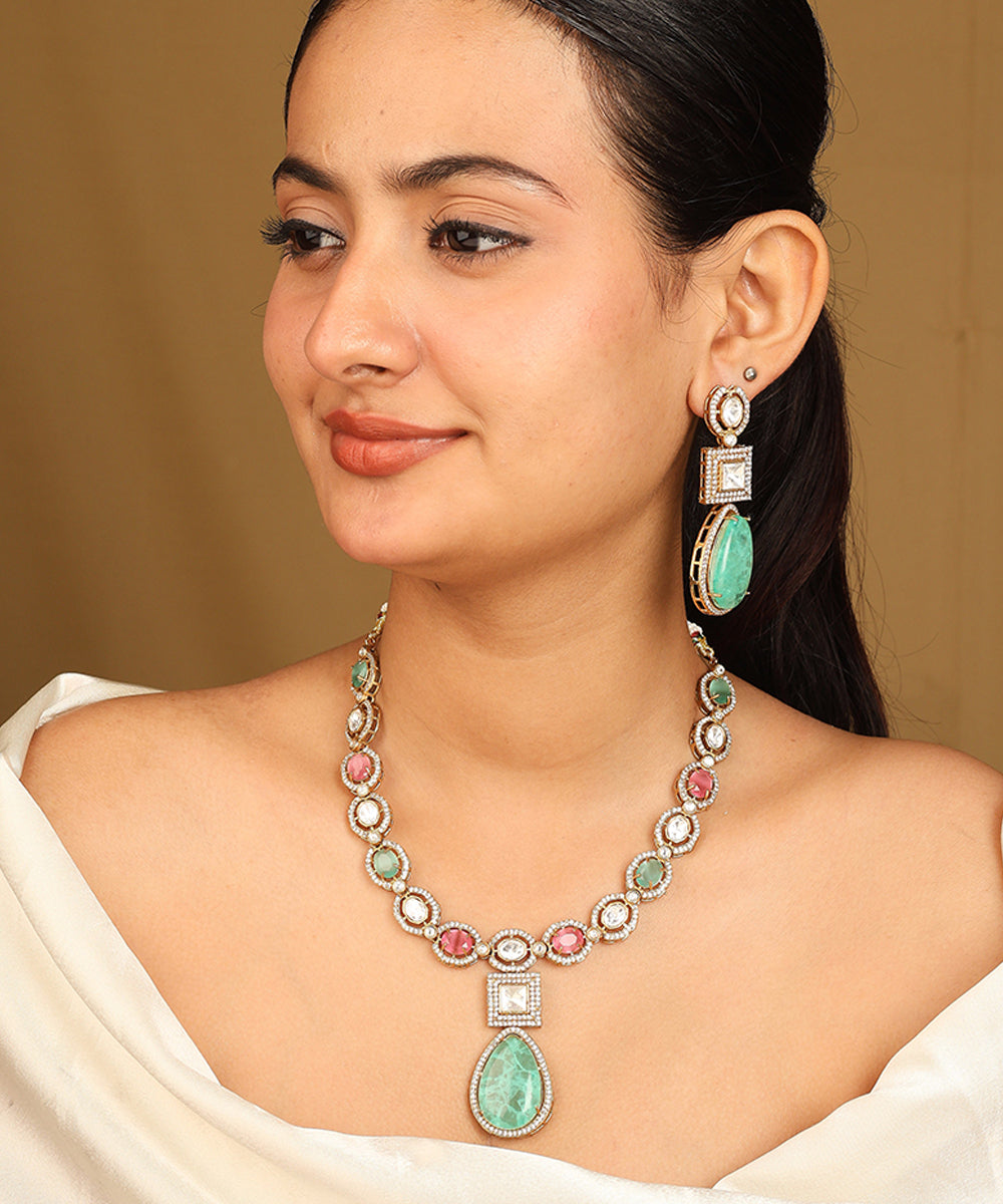 High Gold Necklace Set with Emerald Green and Ruby Stones