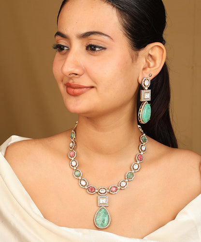 High Gold Necklace Set with Emerald Green and Ruby Stones