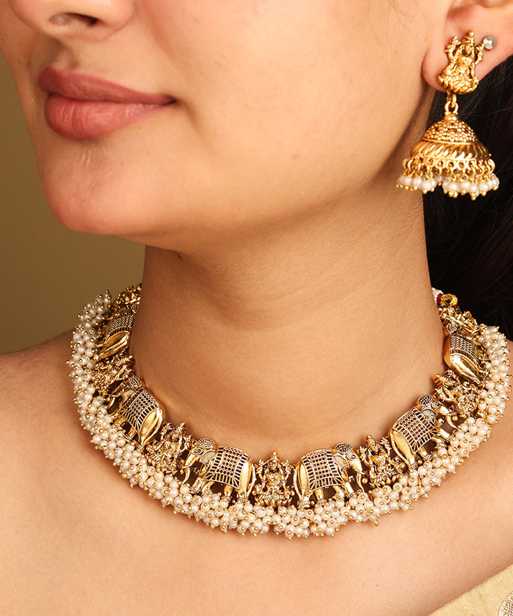 Matte Gold Elephant Motif Necklace Set with Pearls