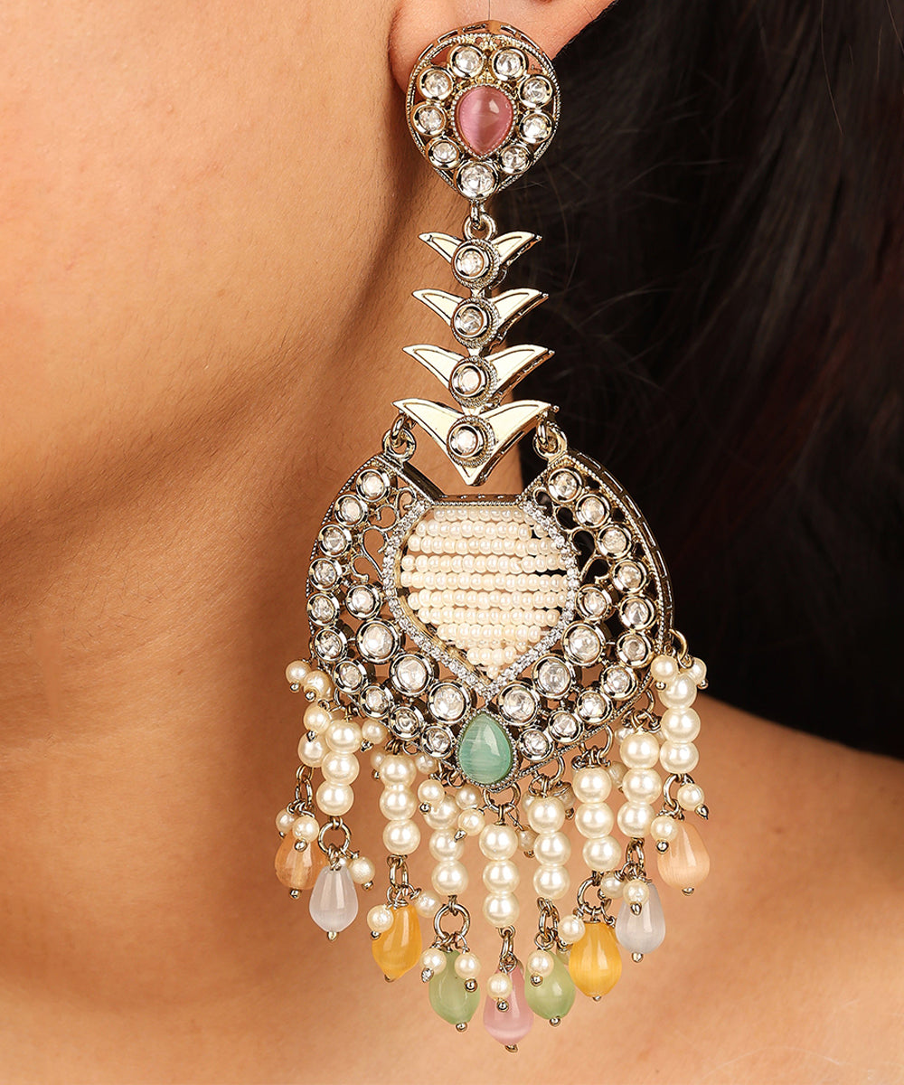 Rustic Earrings with Multicolour Stones American Diamonds and Pearl Danglers