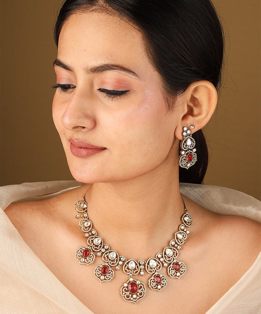 Statement Necklace Set with Red Stones and Kundan Stones