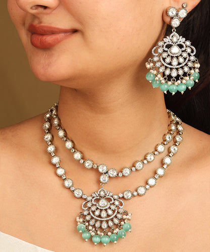 American Diamond Necklace Set with Green Beads