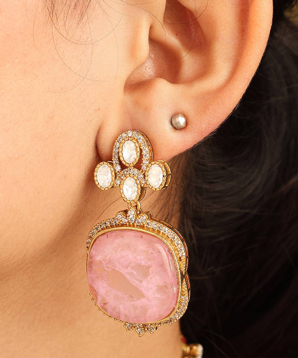 Gold American Diamond Choker Set with Large Pink Stone and Matching Earrings