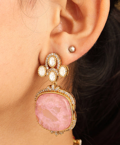 Gold American Diamond Choker Set with Large Pink Stone and Matching Earrings