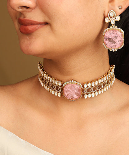 Gold American Diamond Choker Set with Large Pink Stone and Matching Earrings
