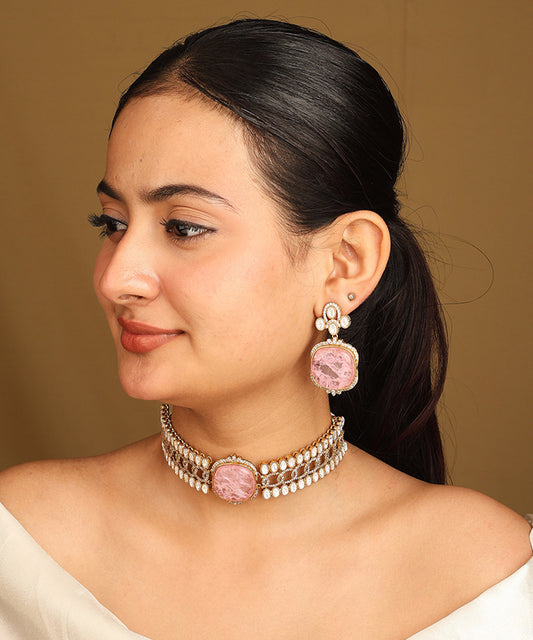 Gold American Diamond Choker Set with Large Pink Stone and Matching Earrings