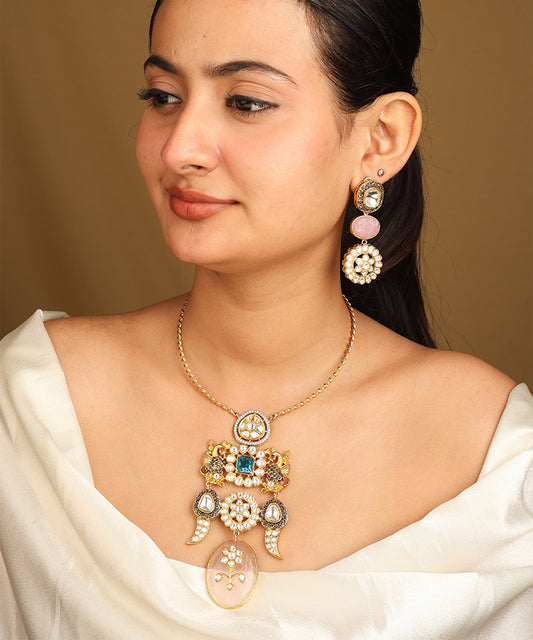 Gold Necklace Set with Stone Studded Pendant and Matching Earrings