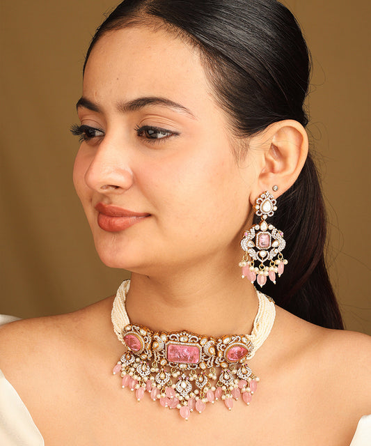 Pearl Choker Set with Pink Accents and Matching Earrings