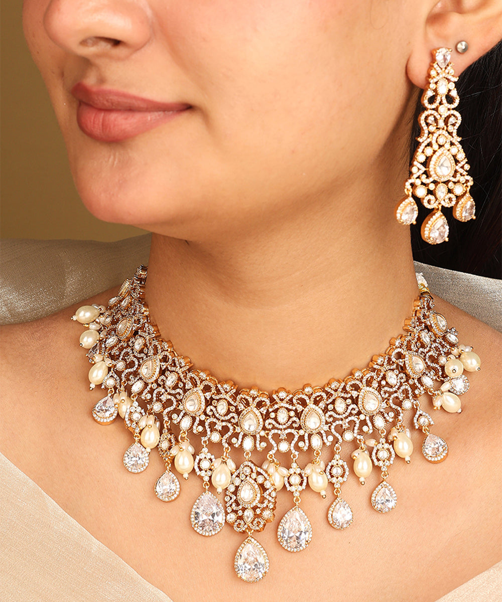 American Diamond Necklace Set with Pearl Accents