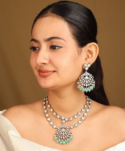American Diamond Necklace Set with Green Beads