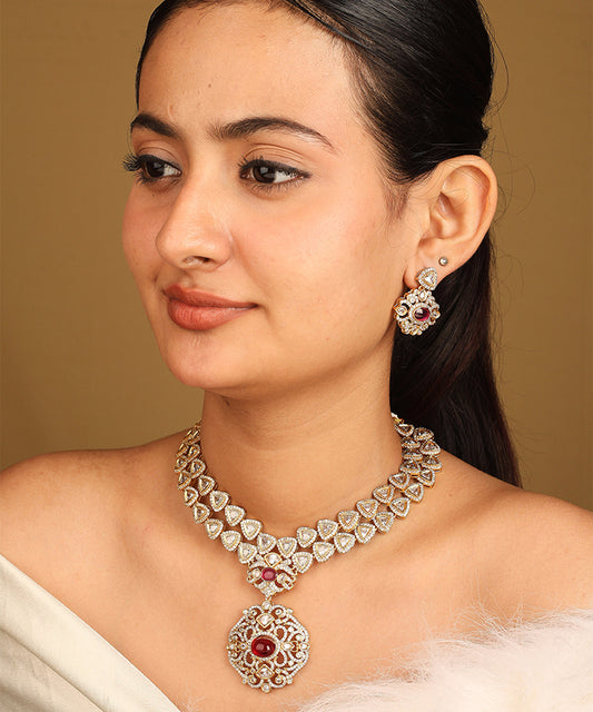 American Diamond Necklace Set with Red Accent