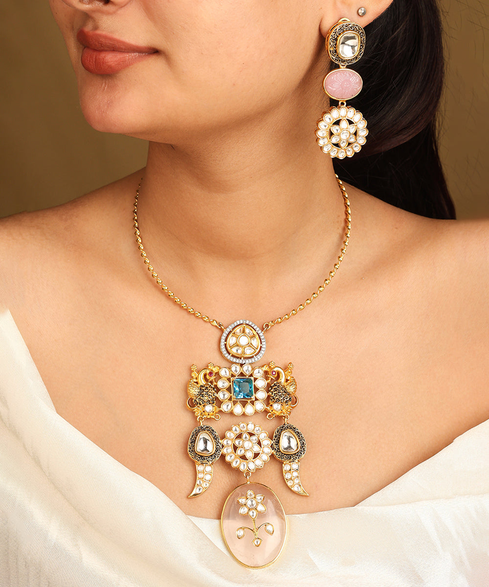 Gold Necklace Set with Stone Studded Pendant and Matching Earrings