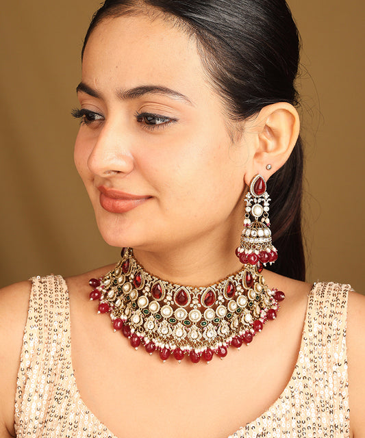 American Diamond High Neck Necklace Set with Red Stones