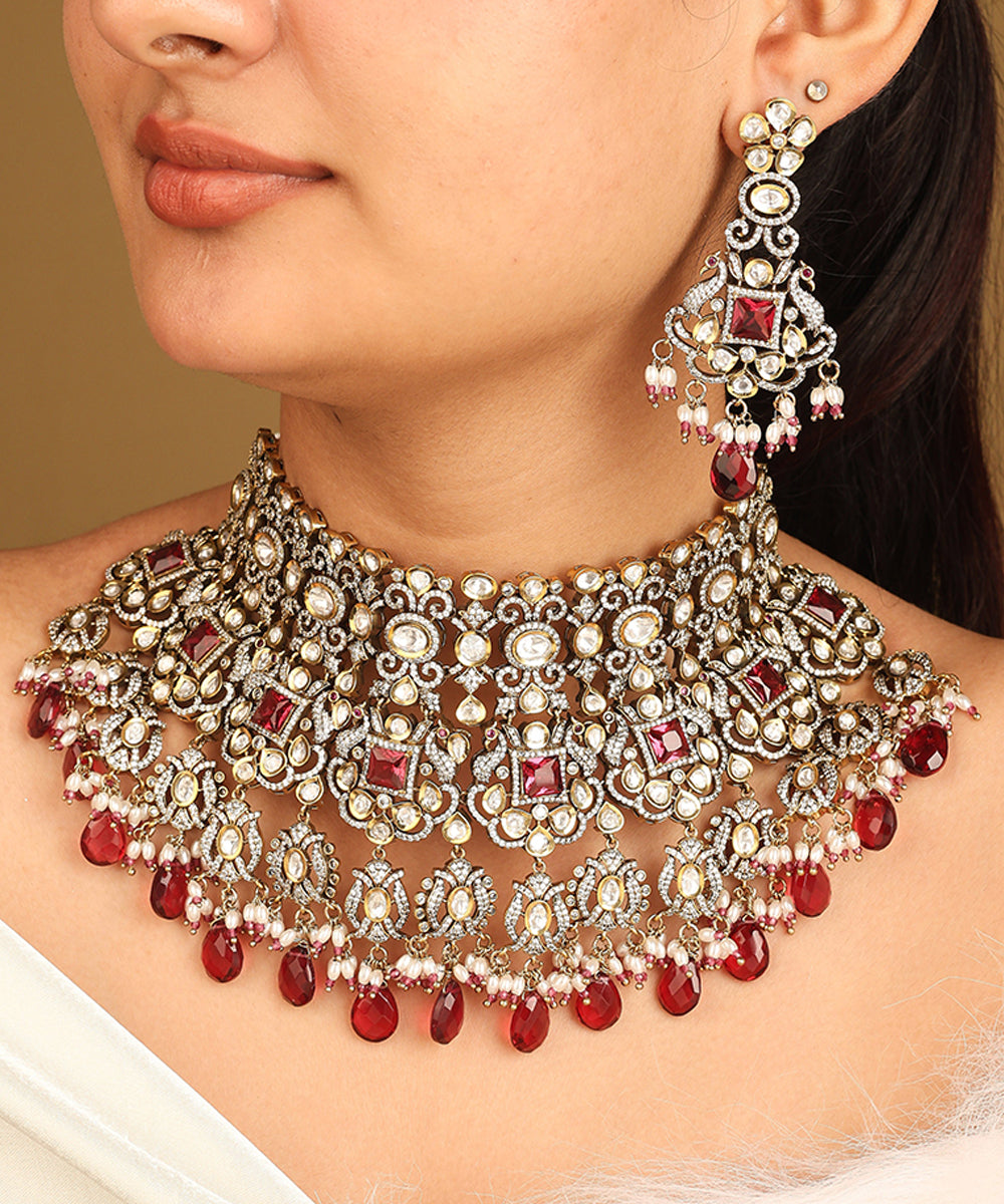 Heavy American Diamond Choker Set with Red Accents