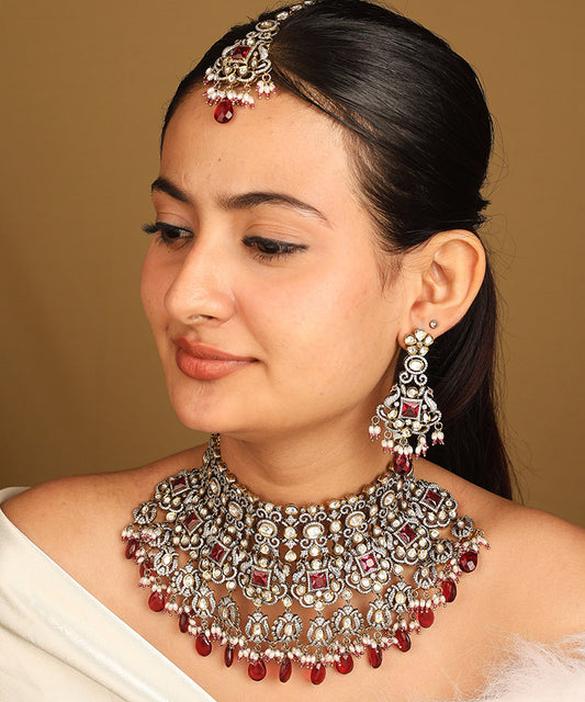 Heavy American Diamond Choker Set with Red Accents