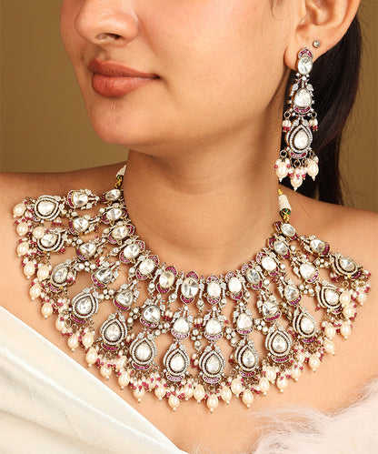 American Diamond High Neck Necklace with Pearls