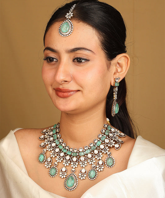 American Diamond Necklace Set with Green Stone Accents
