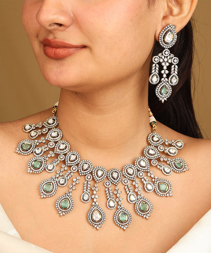 American Diamond Necklace Set with Green Stone Accents