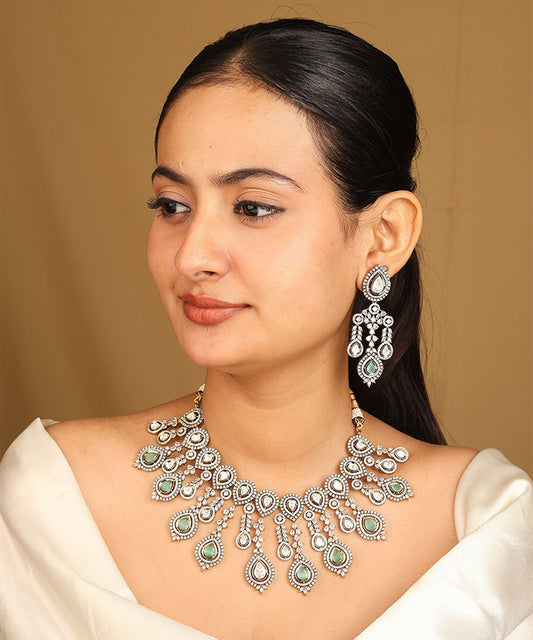 American Diamond Necklace Set with Green Stone Accents