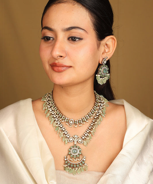 American Diamond Necklace Set with Green Stone Accents