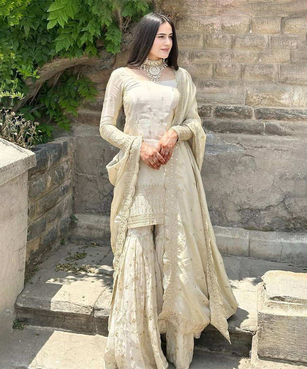 Cream Woven Pure Chinnon Silk Kurta with Sharara and Dupatta