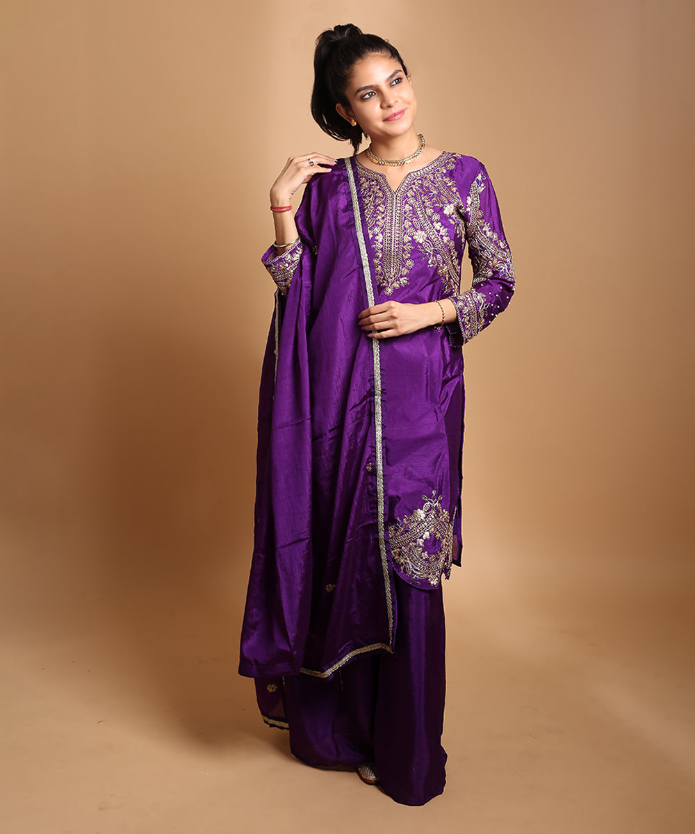 Purple Sequin & Moti Work Silk Blend Salwar Kameez Set