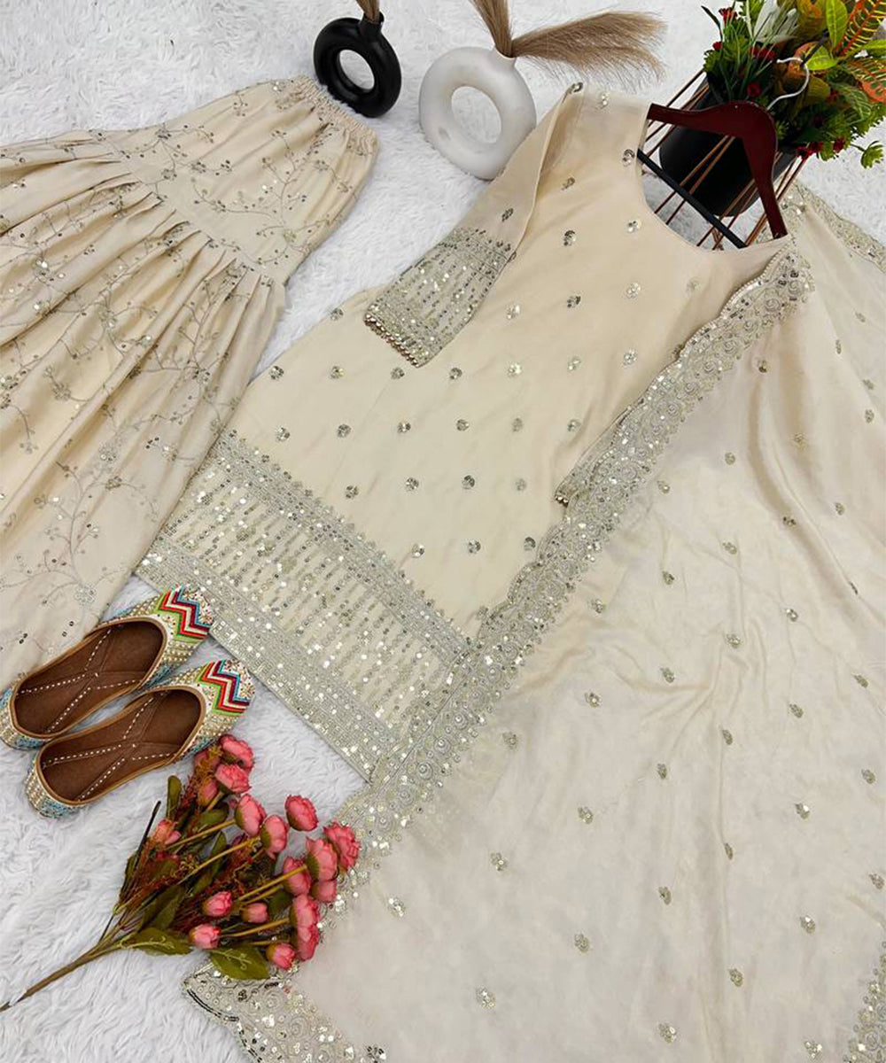 Cream Woven Pure Chinnon Silk Kurta with Sharara and Dupatta