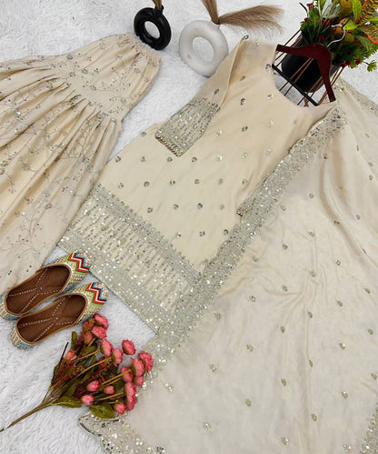 Cream Woven Pure Chinnon Silk Kurta with Sharara and Dupatta