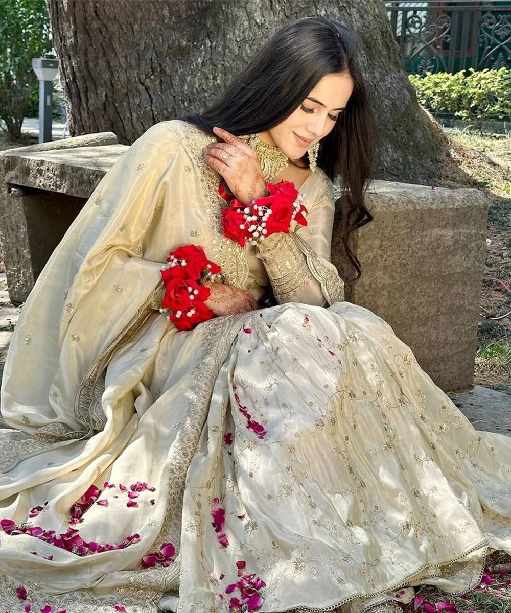 Cream Woven Pure Chinnon Silk Kurta with Sharara and Dupatta