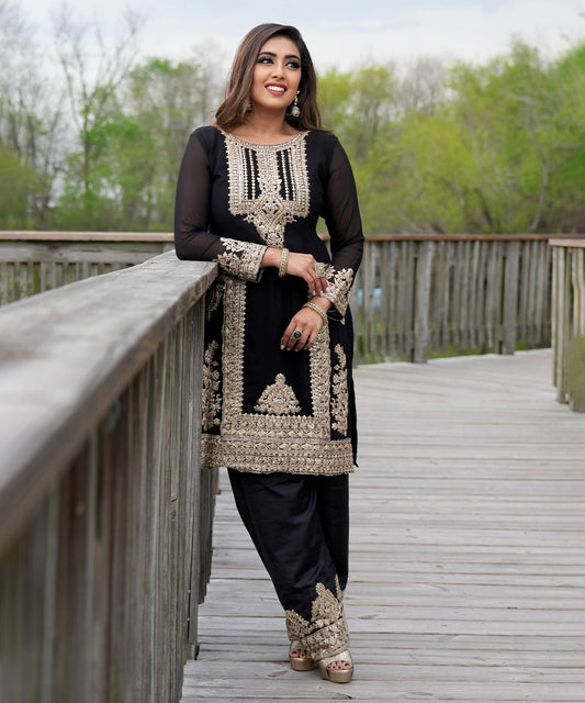 Black Sequins Work Faux Georgette Salwar Kameez
