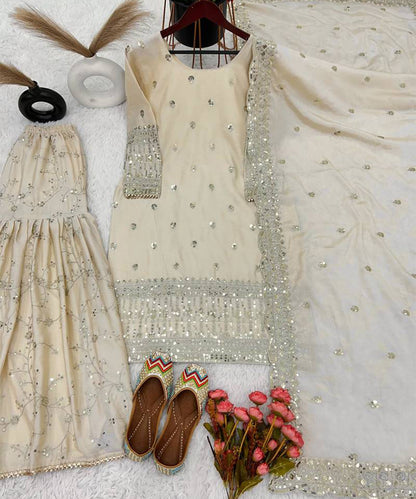 Cream Woven Pure Chinnon Silk Kurta with Sharara and Dupatta