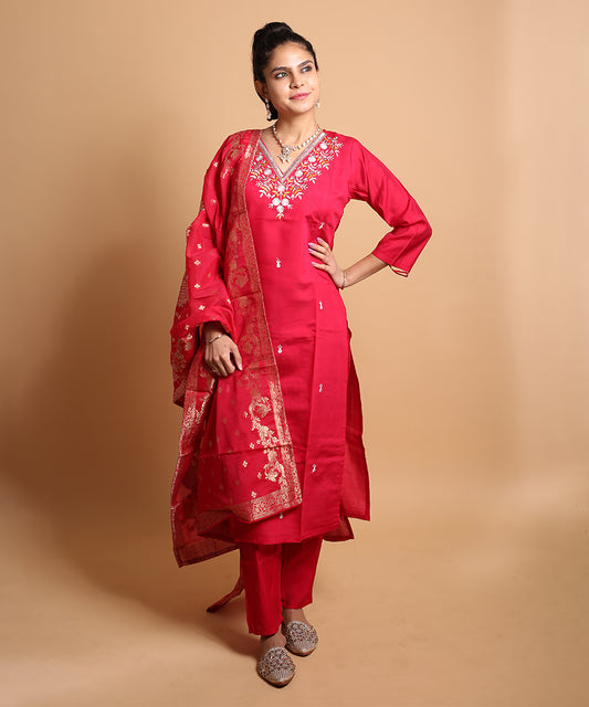 Radiant Red Embroidered Viscose Chanderi Kurta Pant Dupatta Set