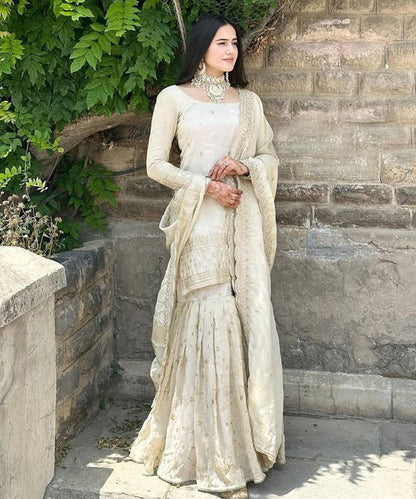Cream Woven Pure Chinnon Silk Kurta with Sharara and Dupatta