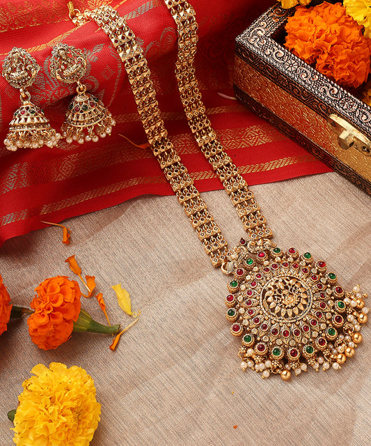 Long Temple Jewellery Statement Necklace with Kari Motif