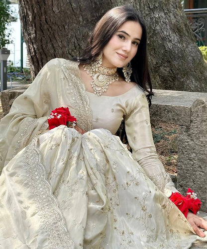 Cream Woven Pure Chinnon Silk Kurta with Sharara and Dupatta